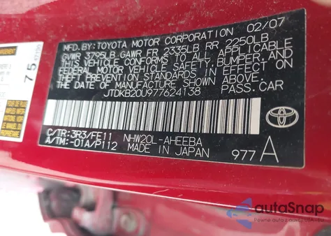 2007 Toyota Prius z USA, uszkodzony, nr VIN JTDKB20U977624138